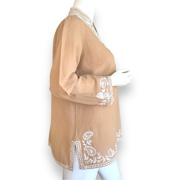 SOFT SURROUNDINGS TAN LINEN & COTTON BLEND EMBROIDERED TUNIC TOP. WOMEN’S SZ L - Picture 4 of 10